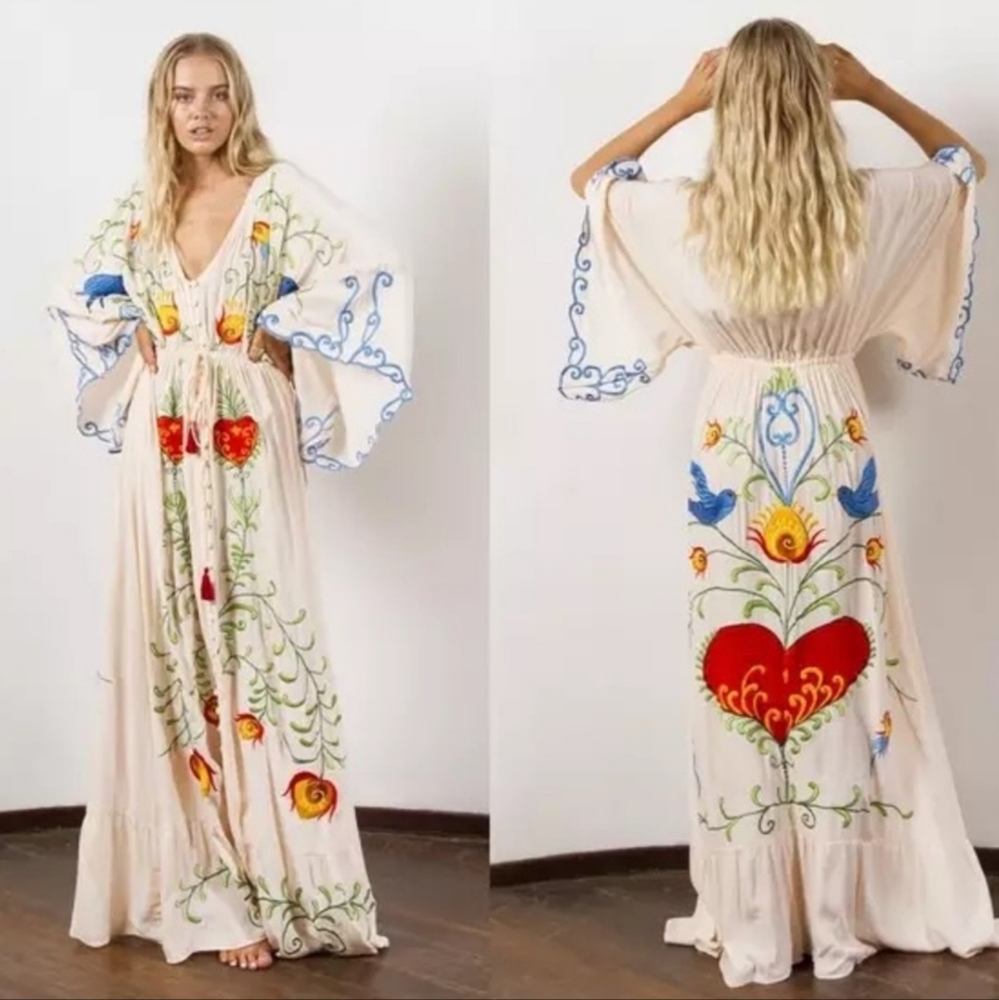5 Star ⭐️ Favorite Boho Embroidered Hearts Magic Kimono Long Maxi Gown